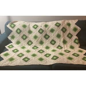 Vintage Granny Square Blanket Afghan Green White Roseanne